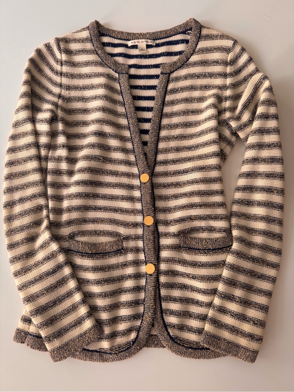 Banana Republic Striped Cream and Navy Women's Button Cardigan Sweater Sz S